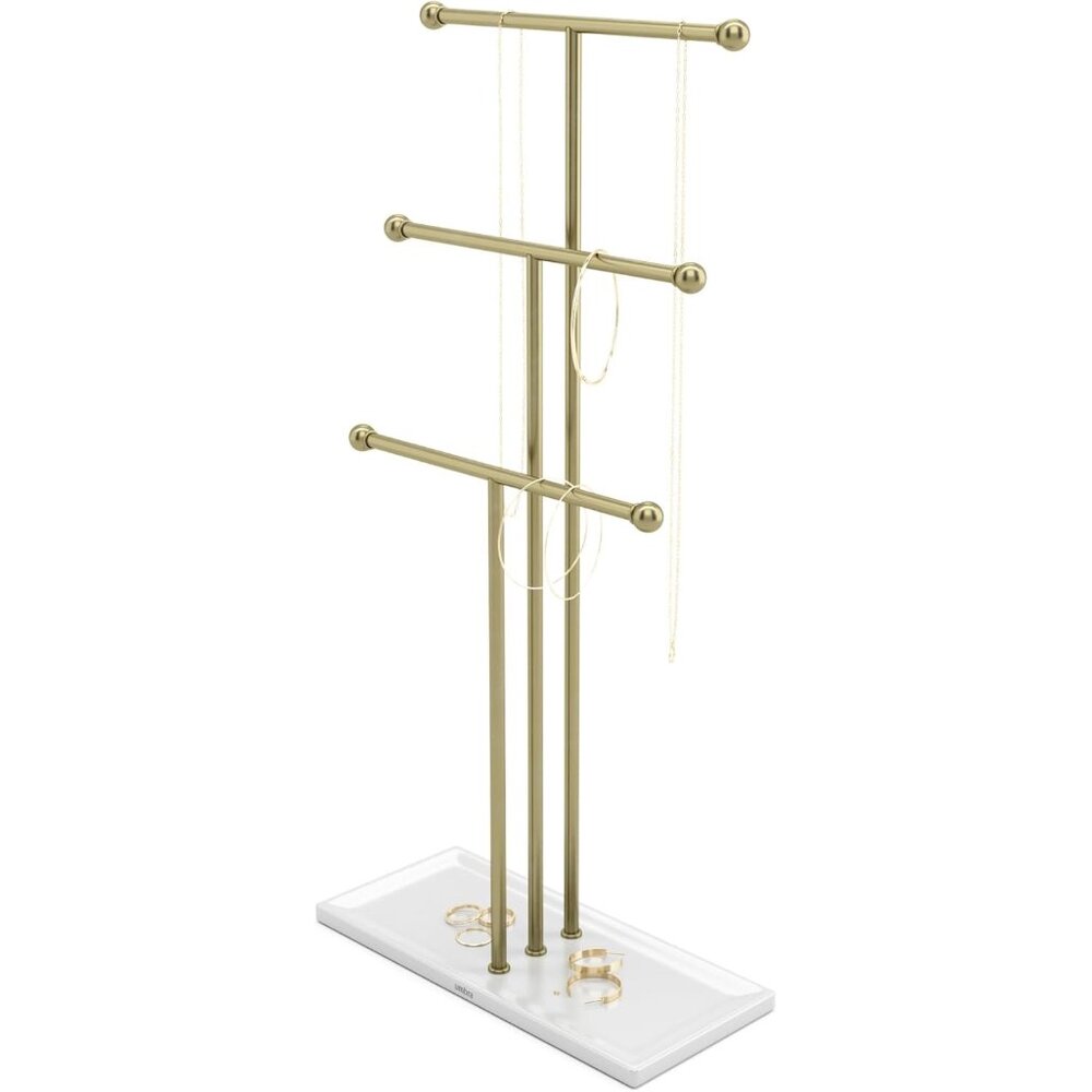 Three-Tiered Necklace Stand for Organized Jewelry Display – White/Gold Finish